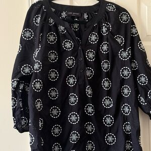 Lane Bryant Black Blouse with White Embroidered Circle Motif